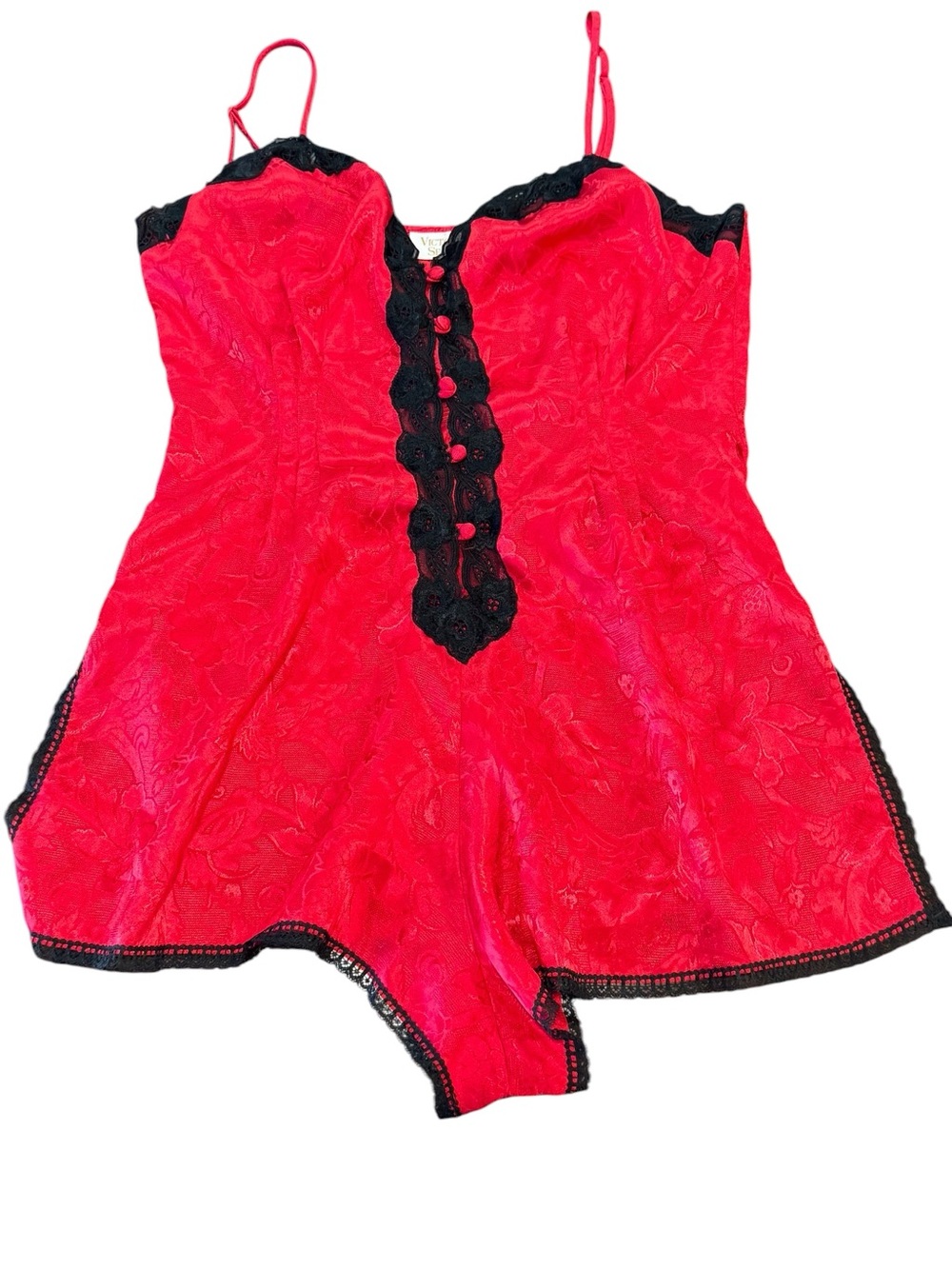Vintage Victoria’s Secret Gold Label Red Satin Jacquard Lace Teddy Slip Size M